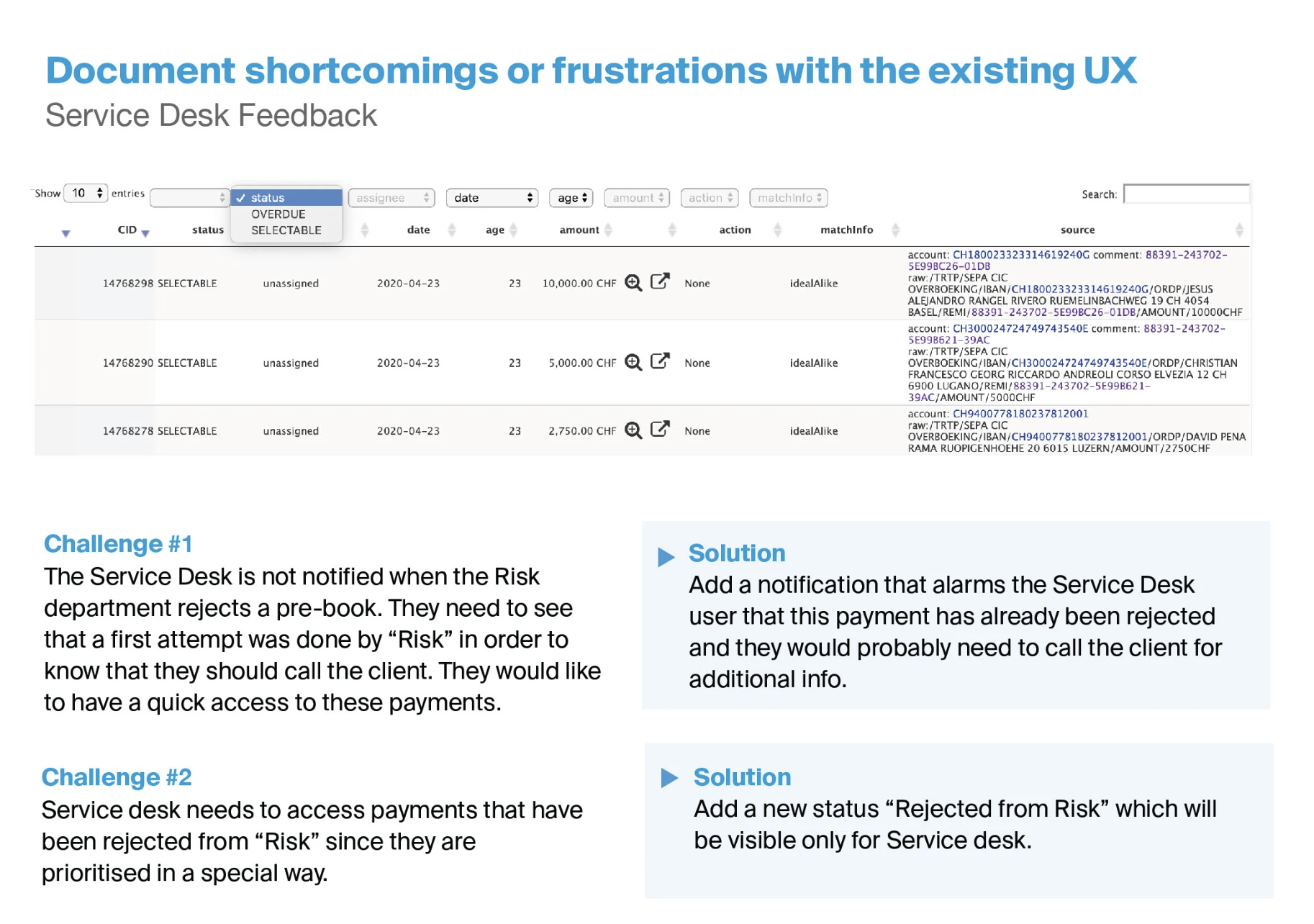 Service Desk audit evidence showing rejected-payment workflow challenges and proposed solutions