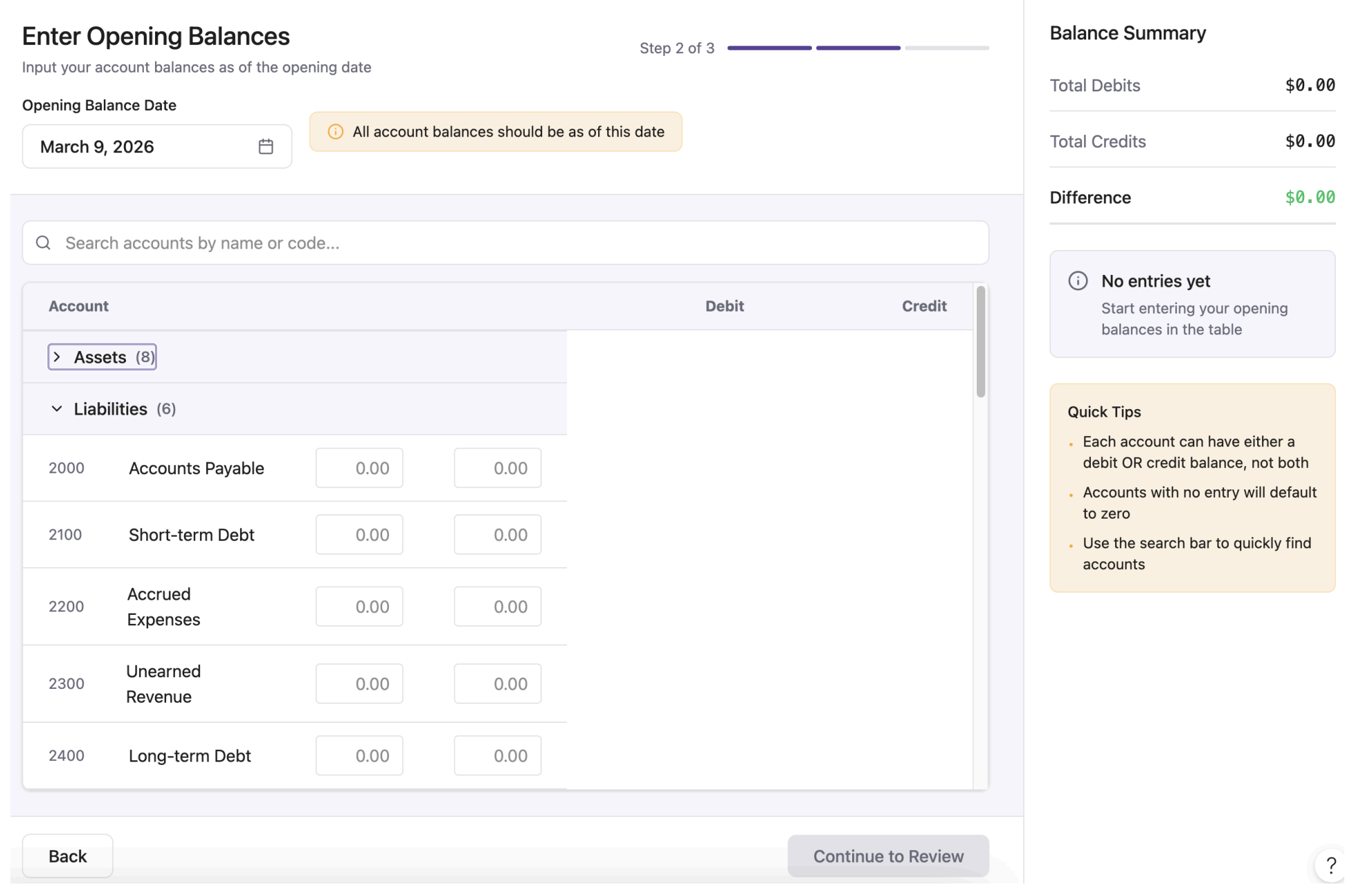Enter Opening Balances — step 2 of 3