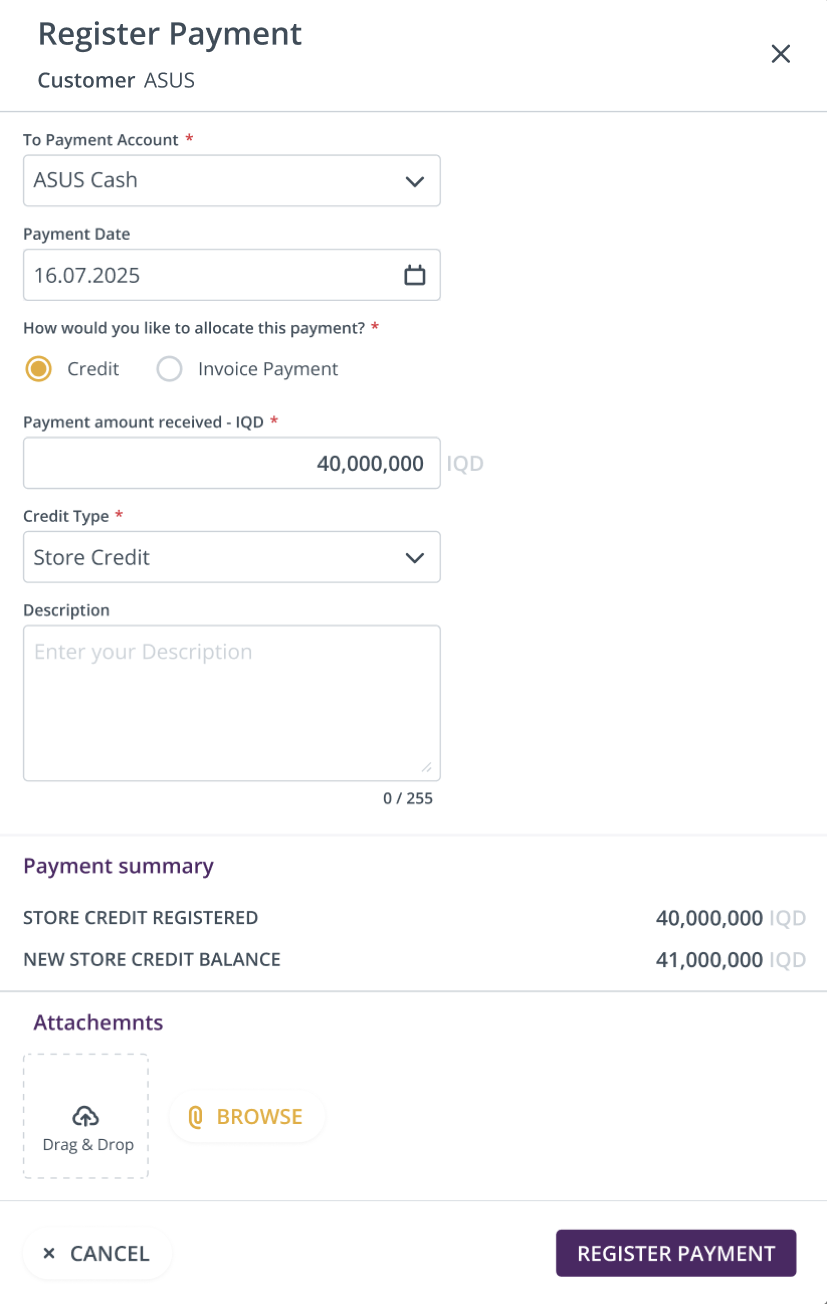 Register credit at the point of payment